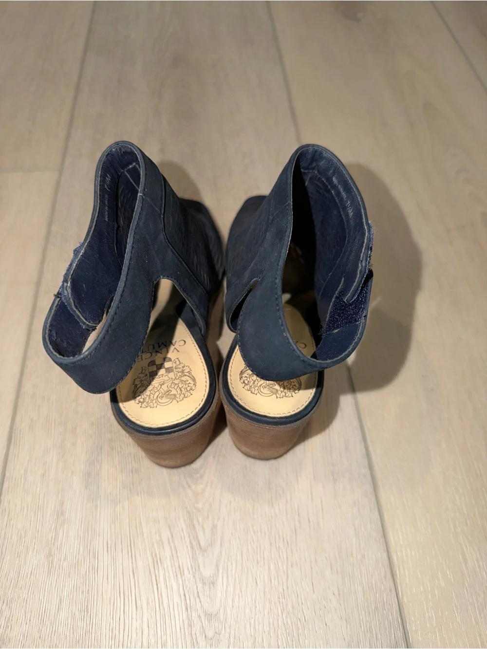 Vince Camuto Navy Open-Toe Laser-Cut Heeled Mules